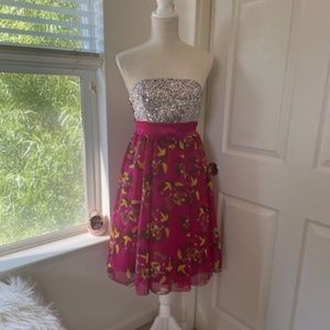 Passport | NWT Pink Strapless Floral Midi Dress with Rhinestone Detail, Size S